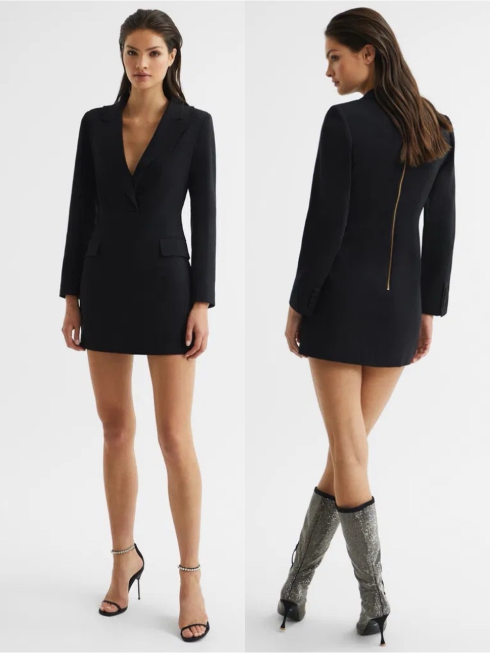 Reiss Karin Plunge Tuxedo Mini Dress Black Long Sleeve Size 4